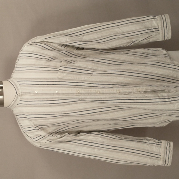 Natural Fiber USA Made XL Shirt Linen Cotton Band Collar Button Front Striped - Picture 1 of 8
